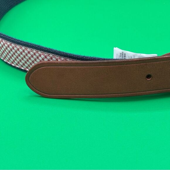 Men's Size 34 J.Crew Leather Blue Canvas Red White Quilt Pattern Belt EUC USA - Picture 3 of 7
